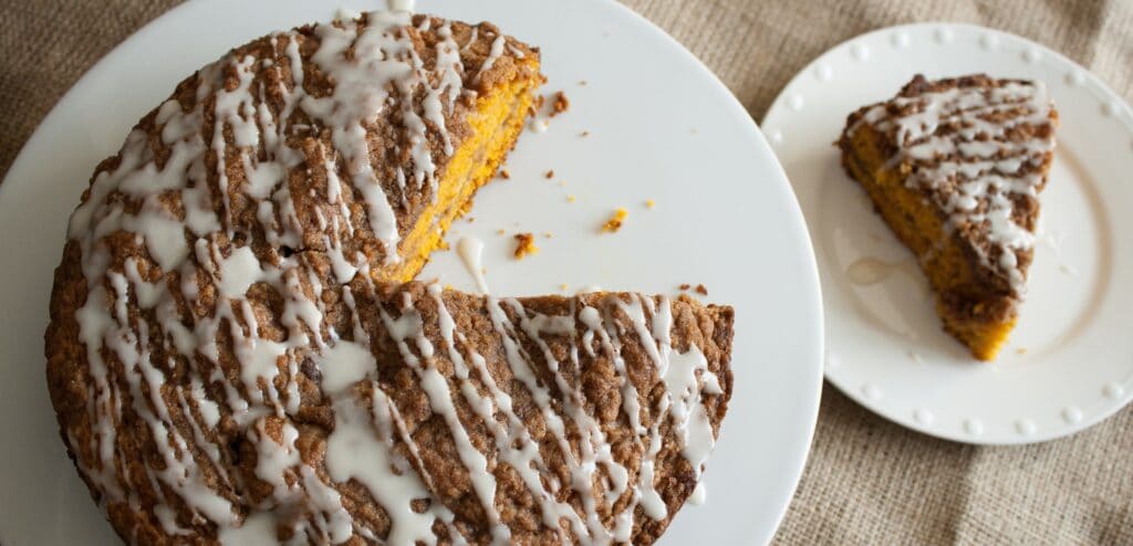 Coffee cake on a white plate