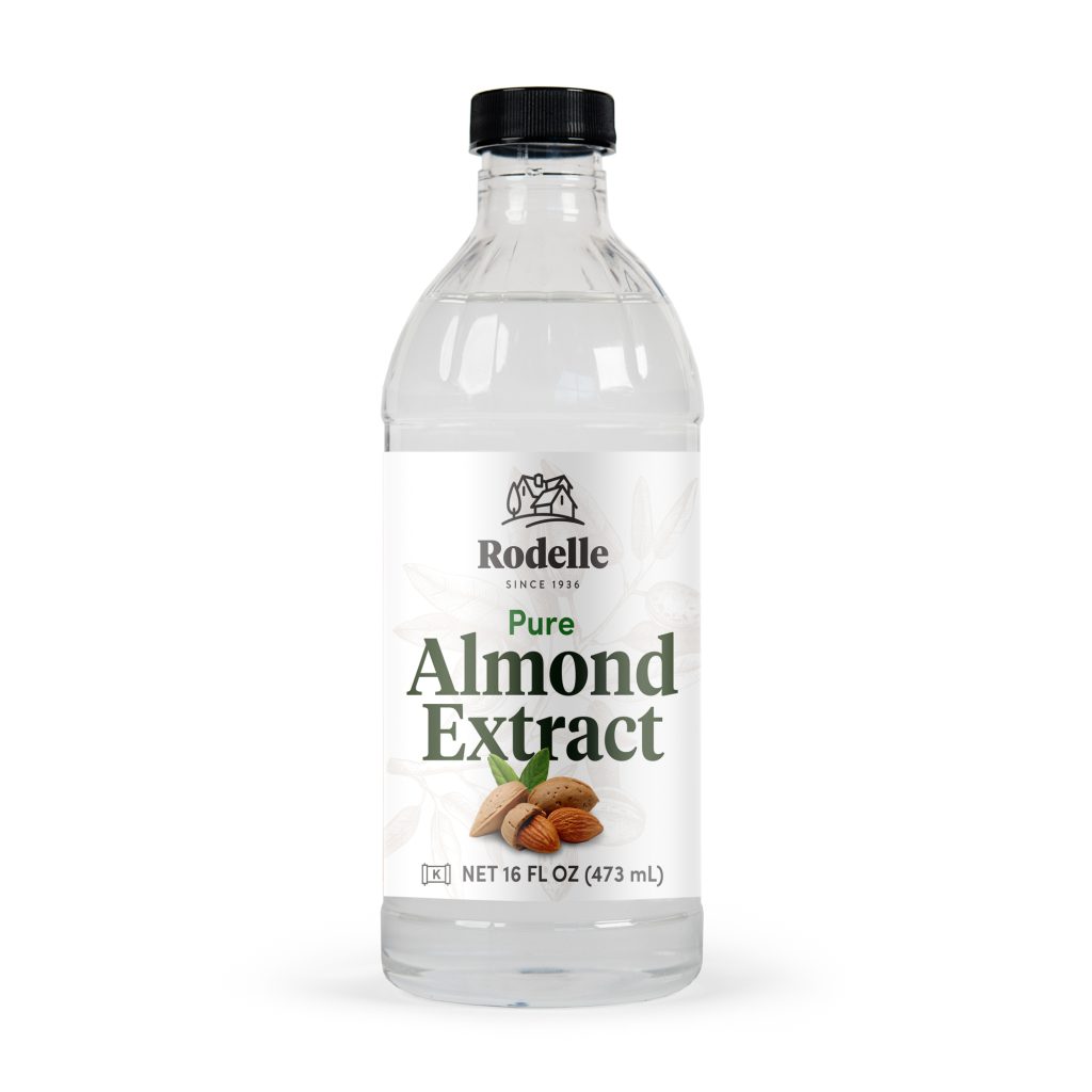 front image of Rodelle 16oz Almond Extract in a round glass bottle