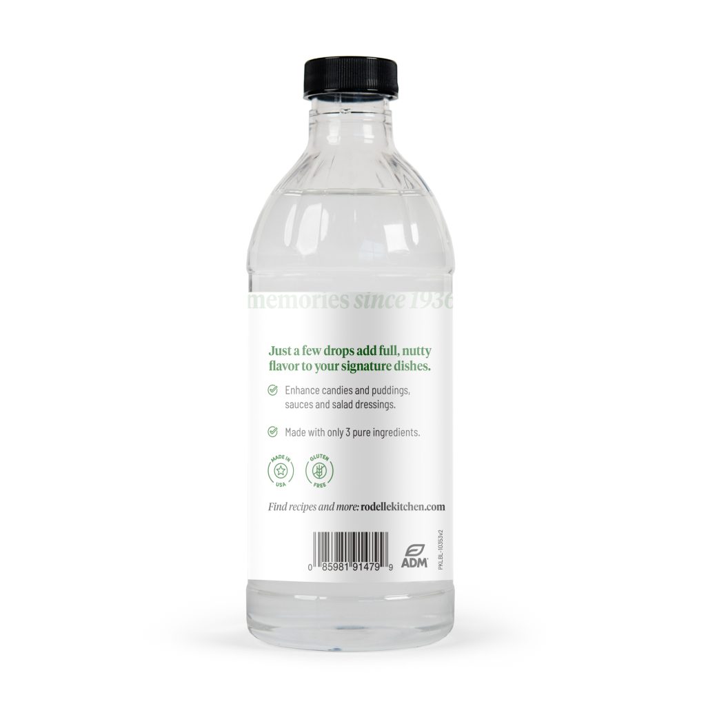 back image of Rodelle 16oz Almond Extract in a round glass bottle showing a description of the product along with the UPC