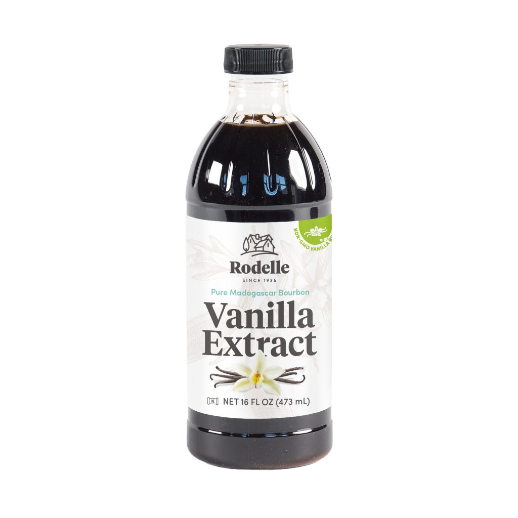front image of Rodelle's 16oz madagascar bourbon pure vanilla extract in a round plastic bottle