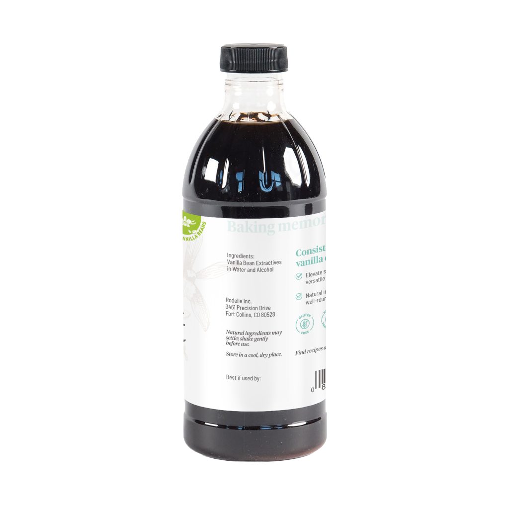 side image of Rodelle's 16oz madagascar bourbon pure vanilla extract in a round plastic bottle showing the ingredient information