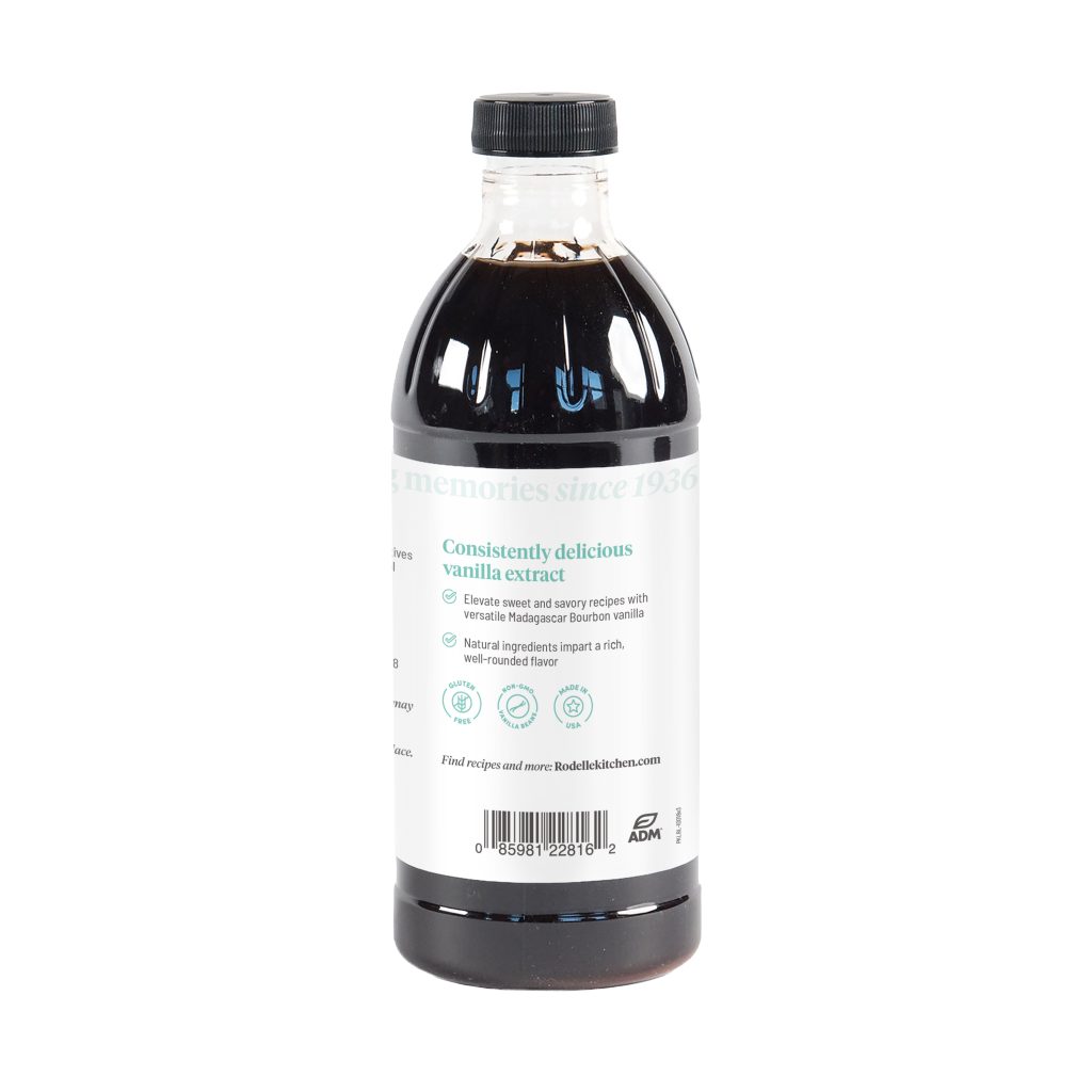 back image of Rodelle's 16oz madagascar bourbon pure vanilla extract in a round plastic bottle showing a description of the product along with the UPC