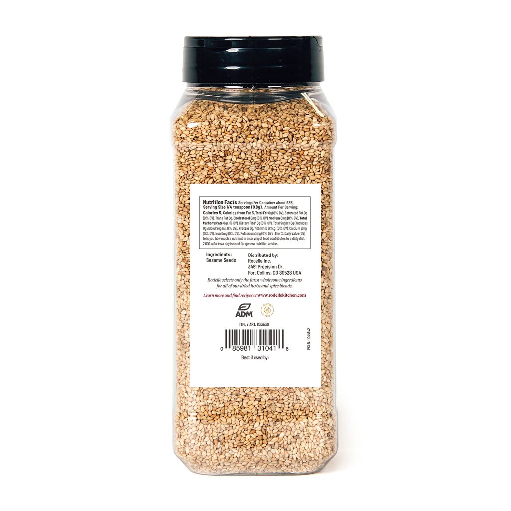 Back image of Rodelle 18oz sesame seeds in a plastic clear container with black lid