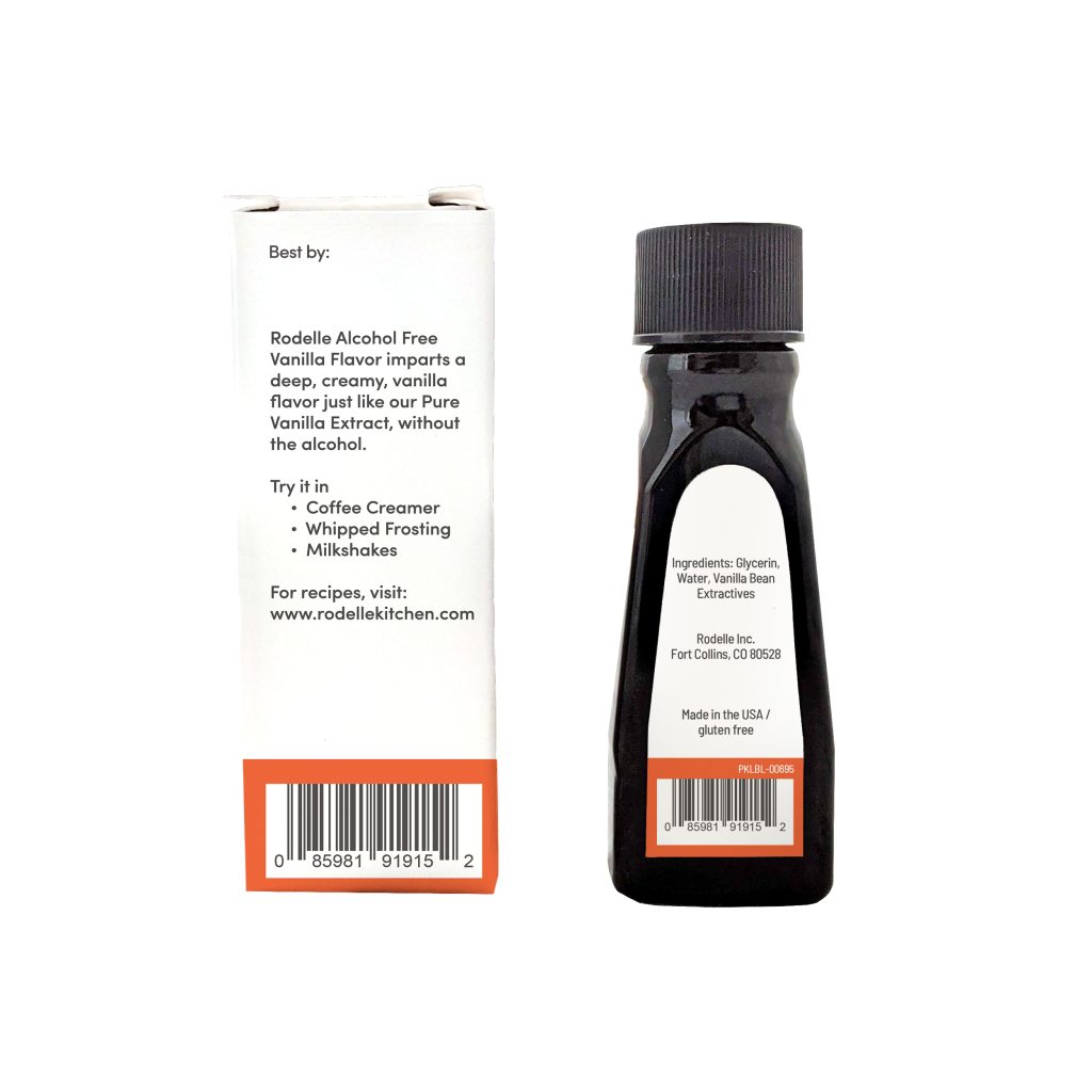 back image of Rodelle 1oz Alcohol free Flavor bottle in a box