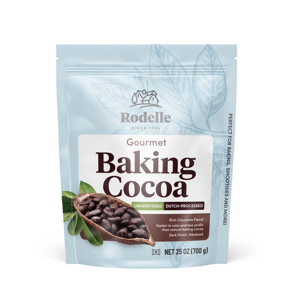 front image of Rodelle's 25oz gourmet baking cocoa in a sealable bag