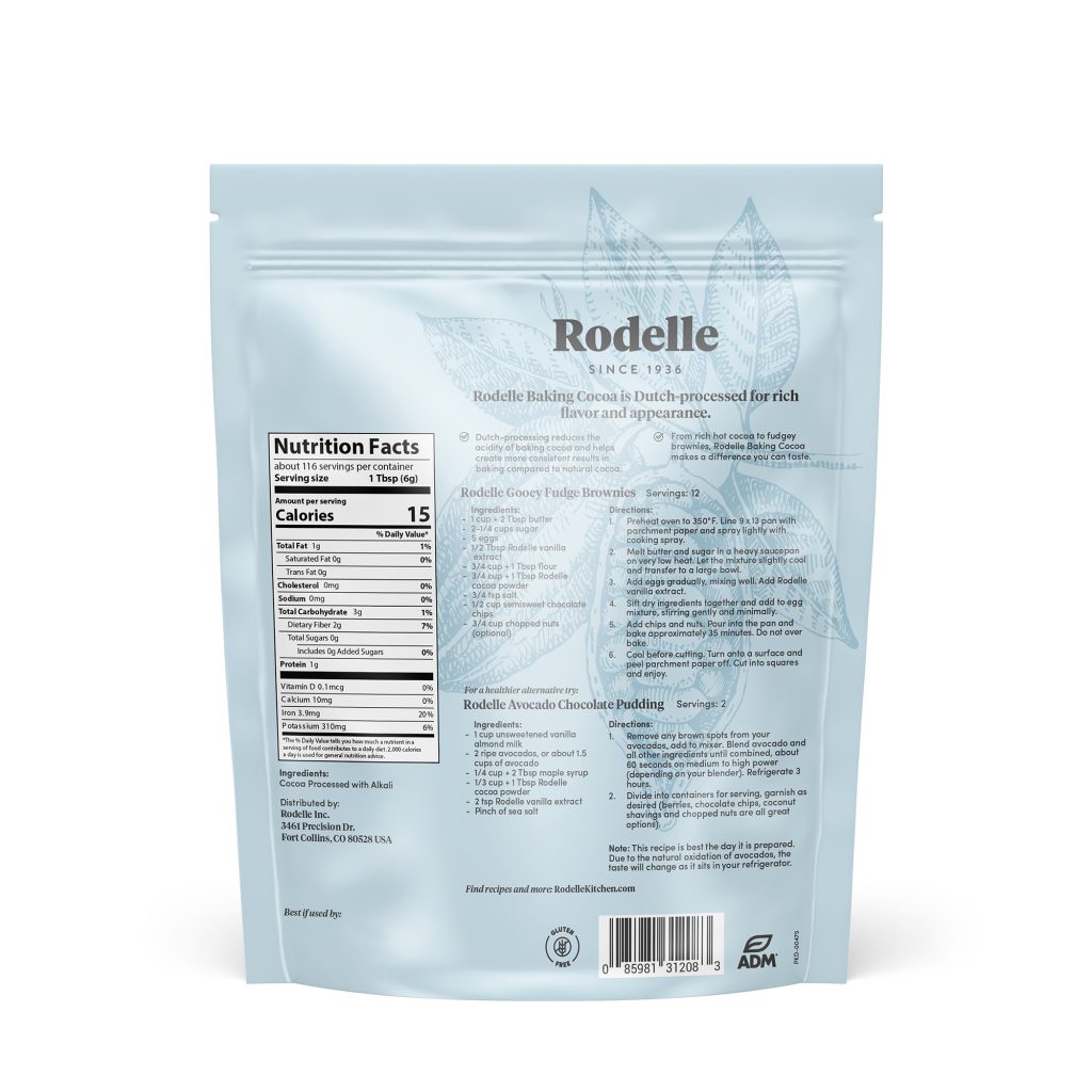 back image of Rodelle's 25oz gourmet baking cocoa in a sealable bag showing the NFP, UPC, product description, and recipes