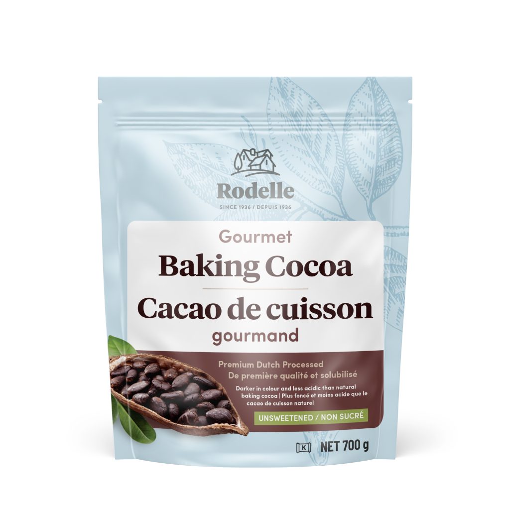 bag of Rodelle gourmet baking cocoa with French and English on packaging, on white background