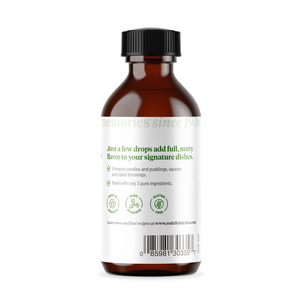 back image of Rodelle 2oz Almond Extract in a round glass bottle showing a description of the product along with the UPC