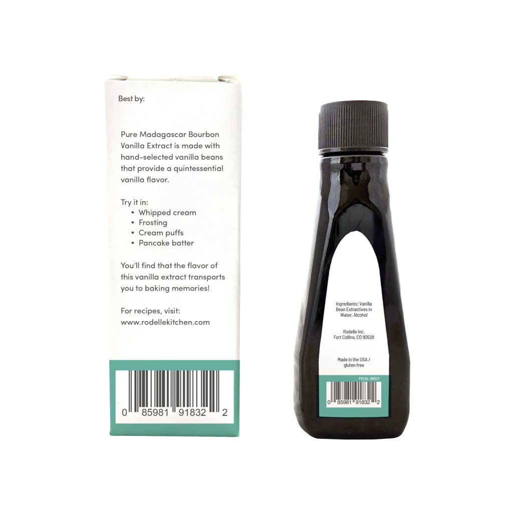 back image of Rodelle's 2oz Madagascar Bourbon Pure Vanilla Extract bottle to the right and box to the left