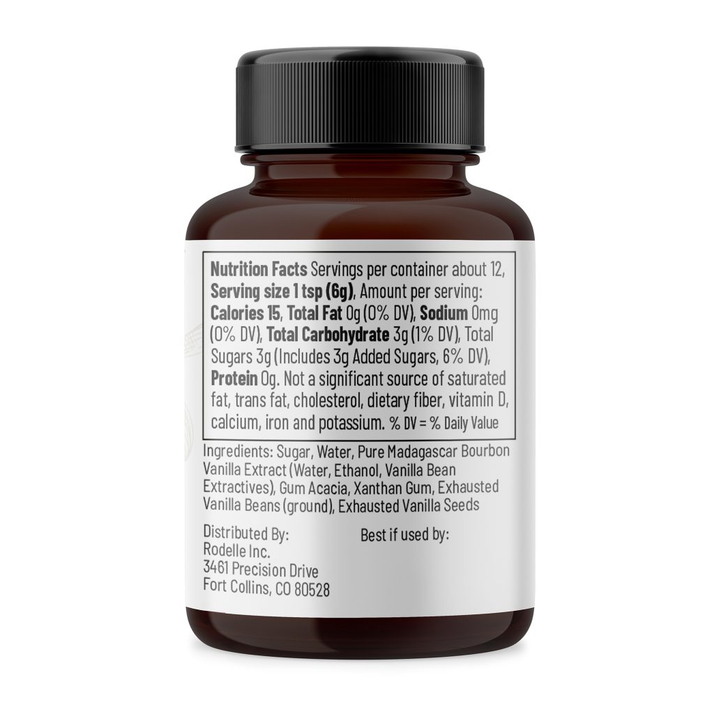 side image of Rodelle's 2oz natural vanilla bean paste in a round glass bottle showing the ingredient information