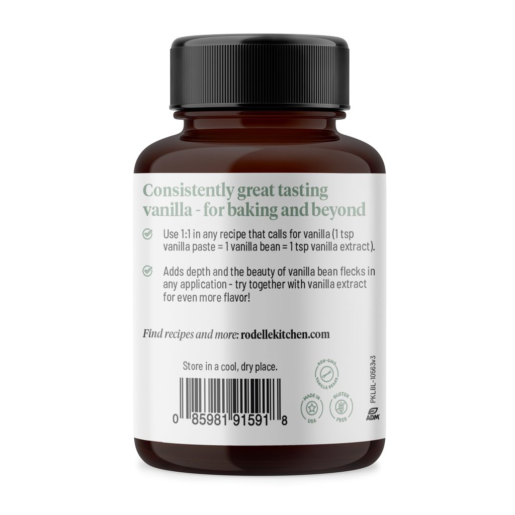 back image of Rodelle's 2oz natural vanilla bean paste in a round glass bottle showing a description of the product along with the UPC