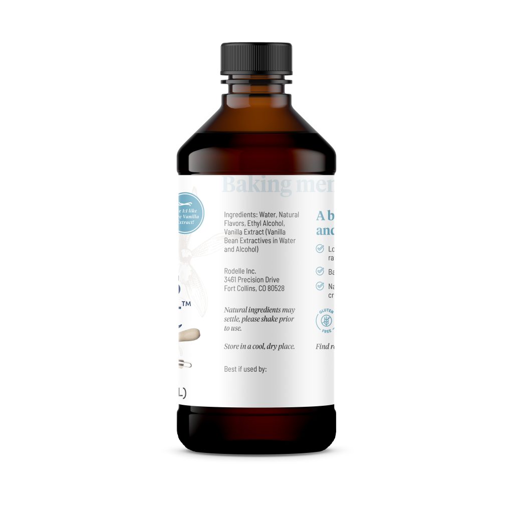 side image of front image of Rodelle Baker's Extract in a round glass bottle showing the ingredient information