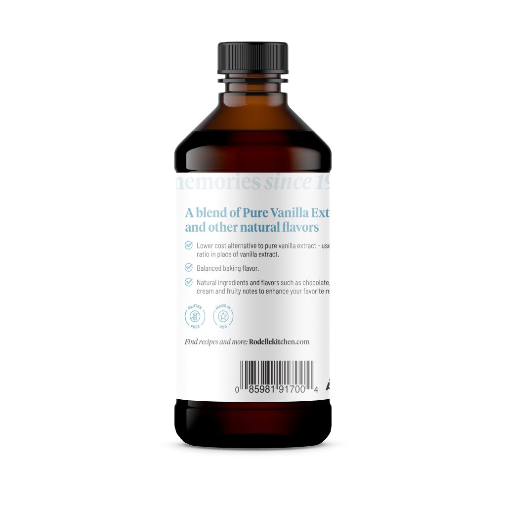 back image of Rodelle 4oz Baker's Extract in a round glass bottle showing a description of the product along with the UPC