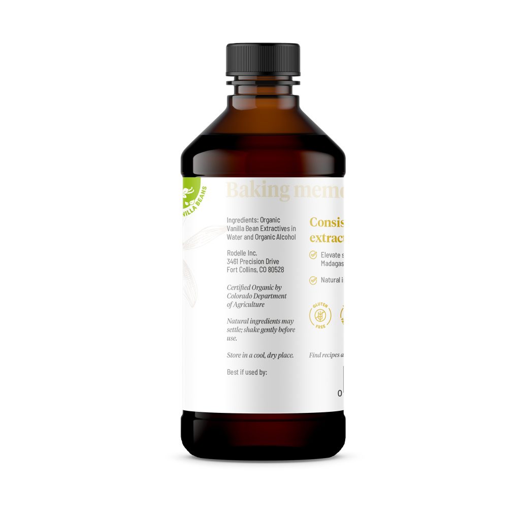 side image of Rodelle 4oz Organic Pure Madagascar Bourbon vanilla extract in a round plastic bottle showing the ingredient information