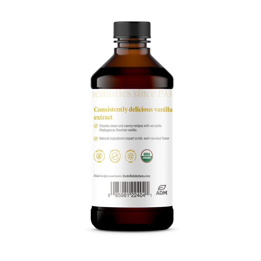back image of Rodelle 4oz Organic Pure Madagascar Bourbon vanilla extract in a round plastic bottle showing a description of the product along with the UPC