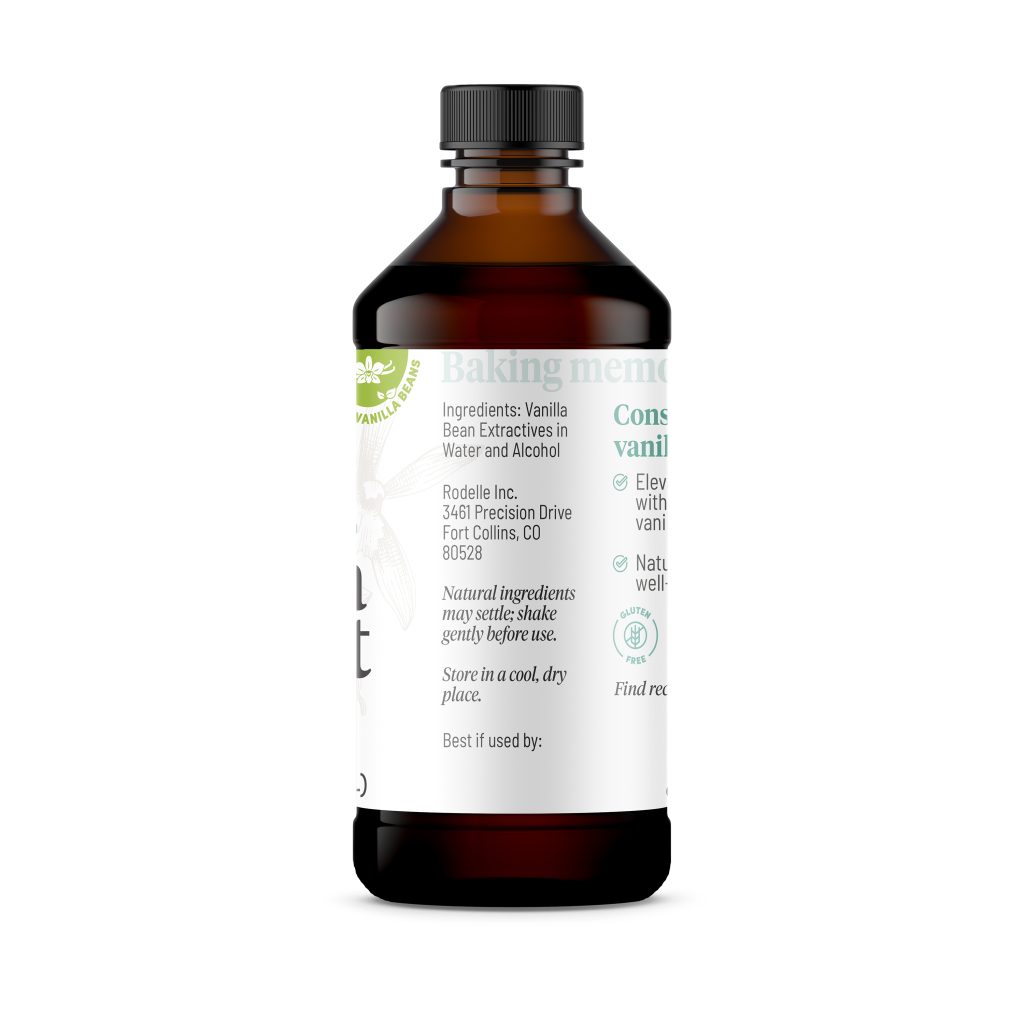 side image of Rodelle's 4oz madagascar bourbon pure vanilla extract in a round plastic bottle showing the ingredient information