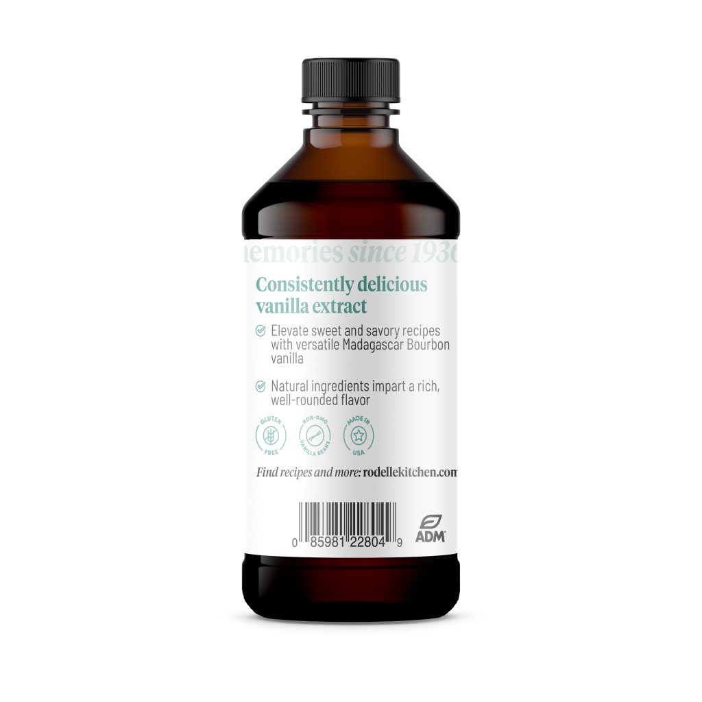 back image of Rodelle's 4oz madagascar bourbon pure vanilla extract in a round plastic bottle showing a description of the product along with the UPC