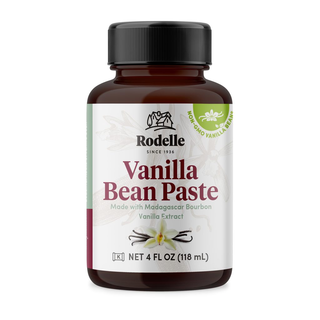 front image of Rodelle's 4oz natural vanilla bean paste in a round glass bottle