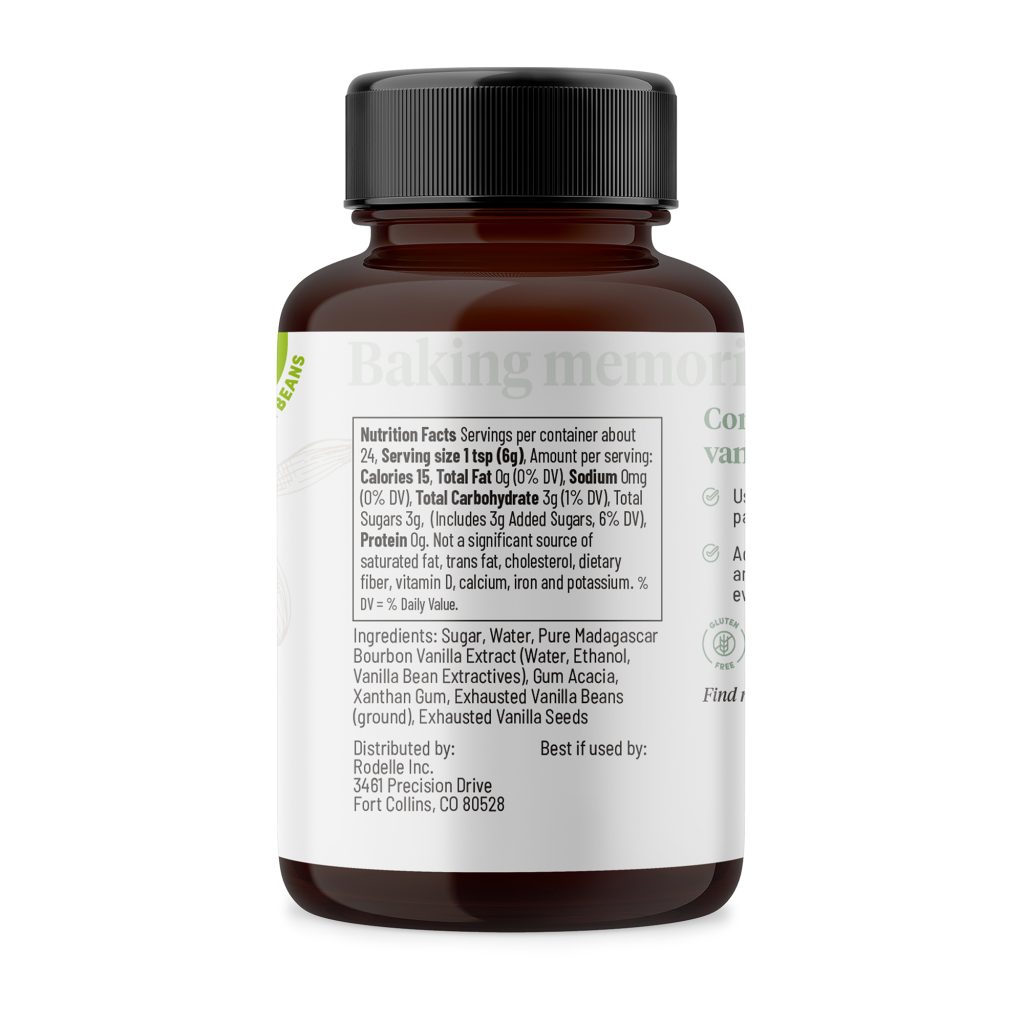 side image of Rodelle's 4oz natural vanilla bean paste in a round glass bottle showing the ingredient information