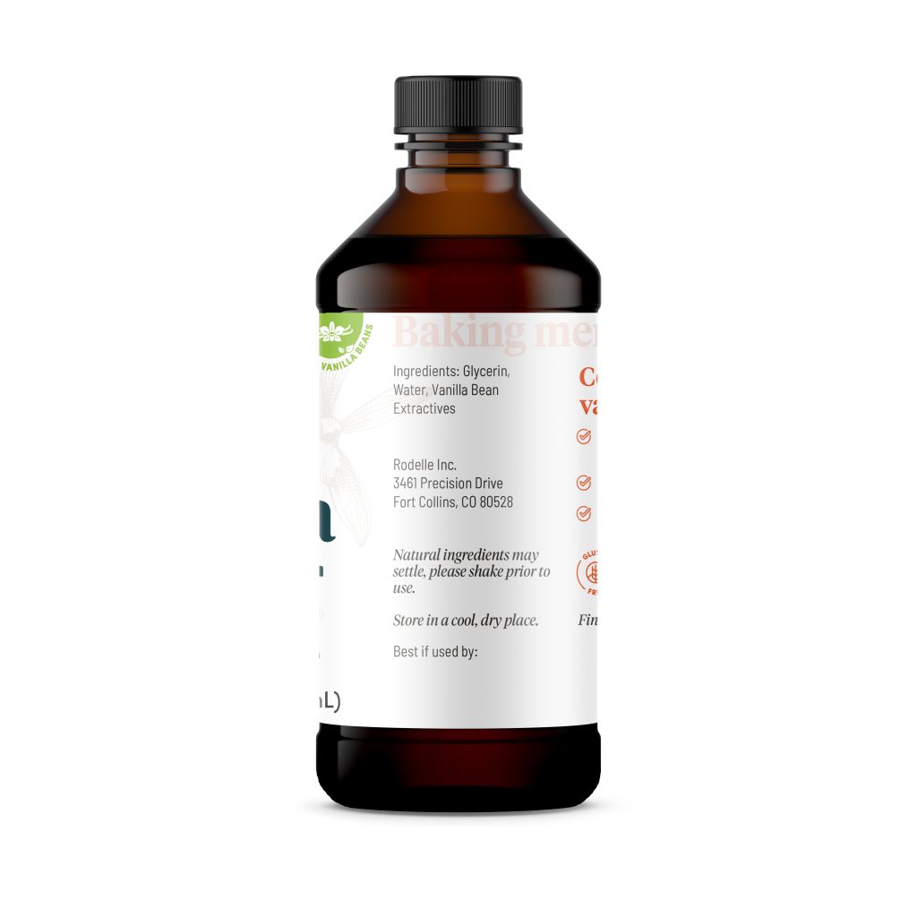 side image of Rodelle 4oz Alcohol Free Flavor in a round bottle showing the ingredient information