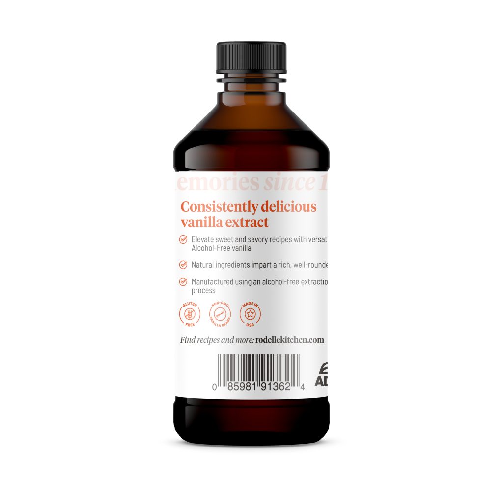 back image of Rodelle 4oz Alcohol Free Flavor in a round bottle showing a description of the product along with the UPC