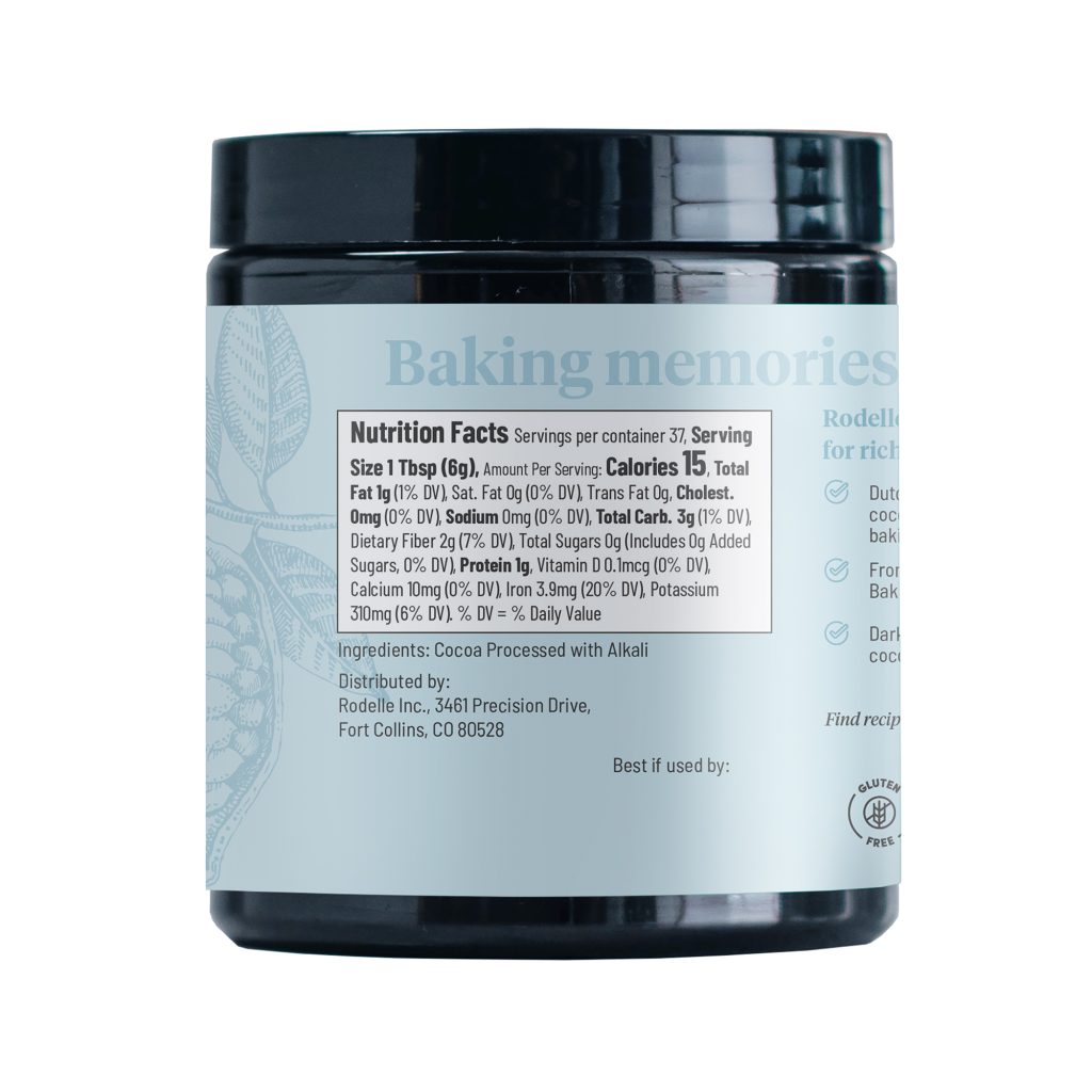 side image of Rodelle's 8oz gourmet baking cocoa in a canister showing the ingredient information