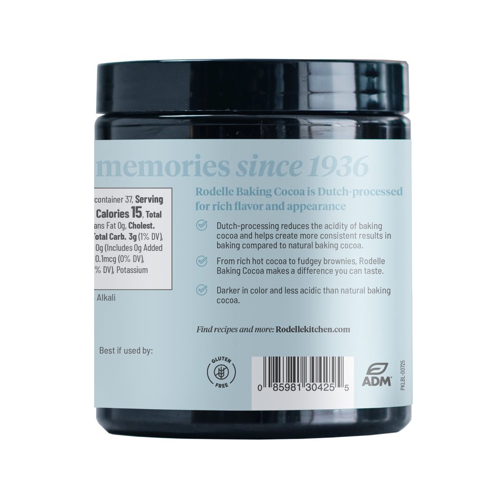 back image of Rodelle's 8oz gourmet baking cocoa in a canister showing a description of the product along with the UPC