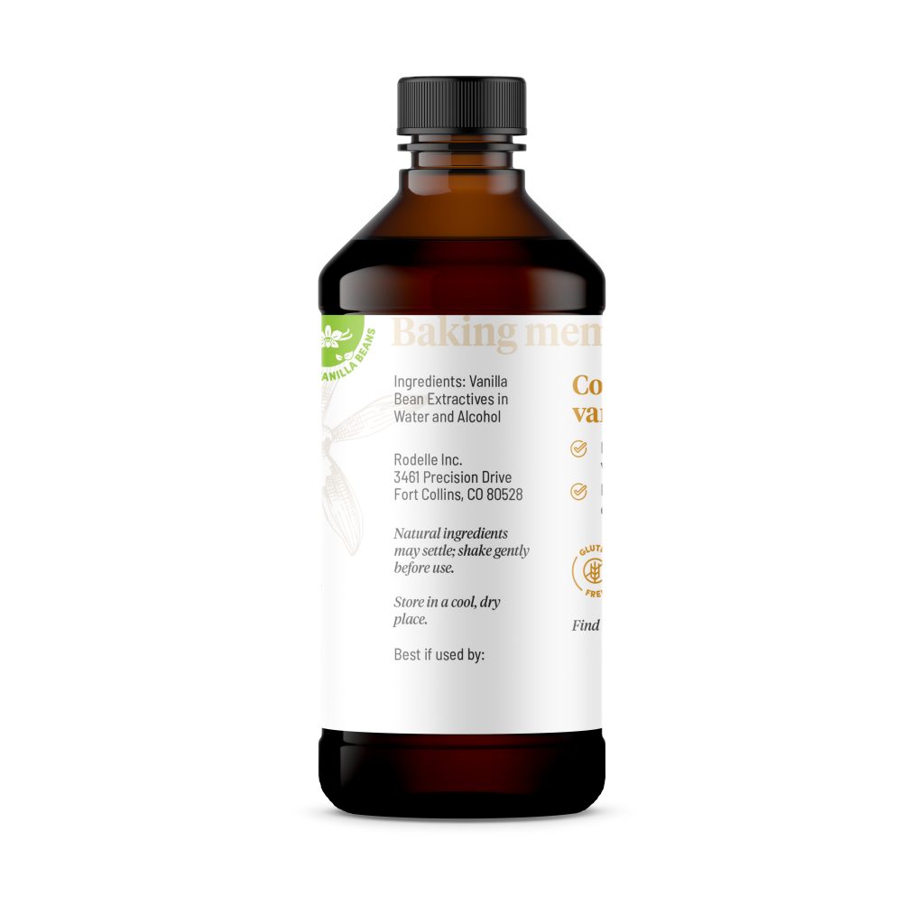 back image of Rodelle's 8oz gourmet pure vanilla extract in a round plastic bottle showing a description of the product along with the UPC