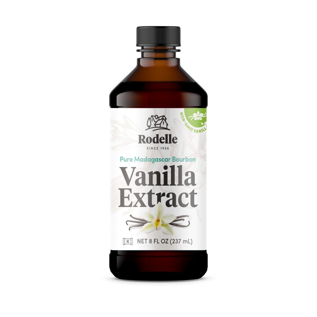 front image of Rodelle's 8oz madagascar bourbon pure vanilla extract in a round plastic bottle