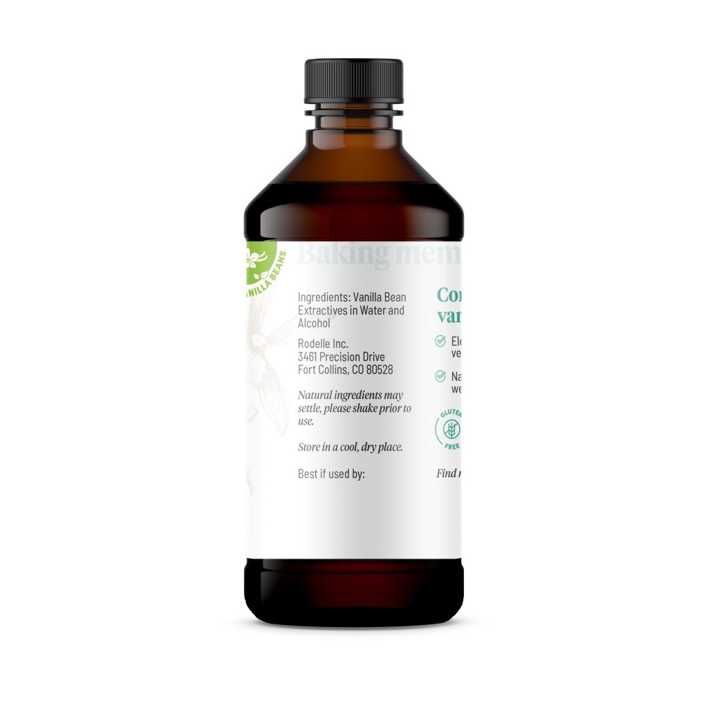 side image of Rodelle's 8oz madagascar bourbon pure vanilla extract in a round plastic bottle showing the ingredient information