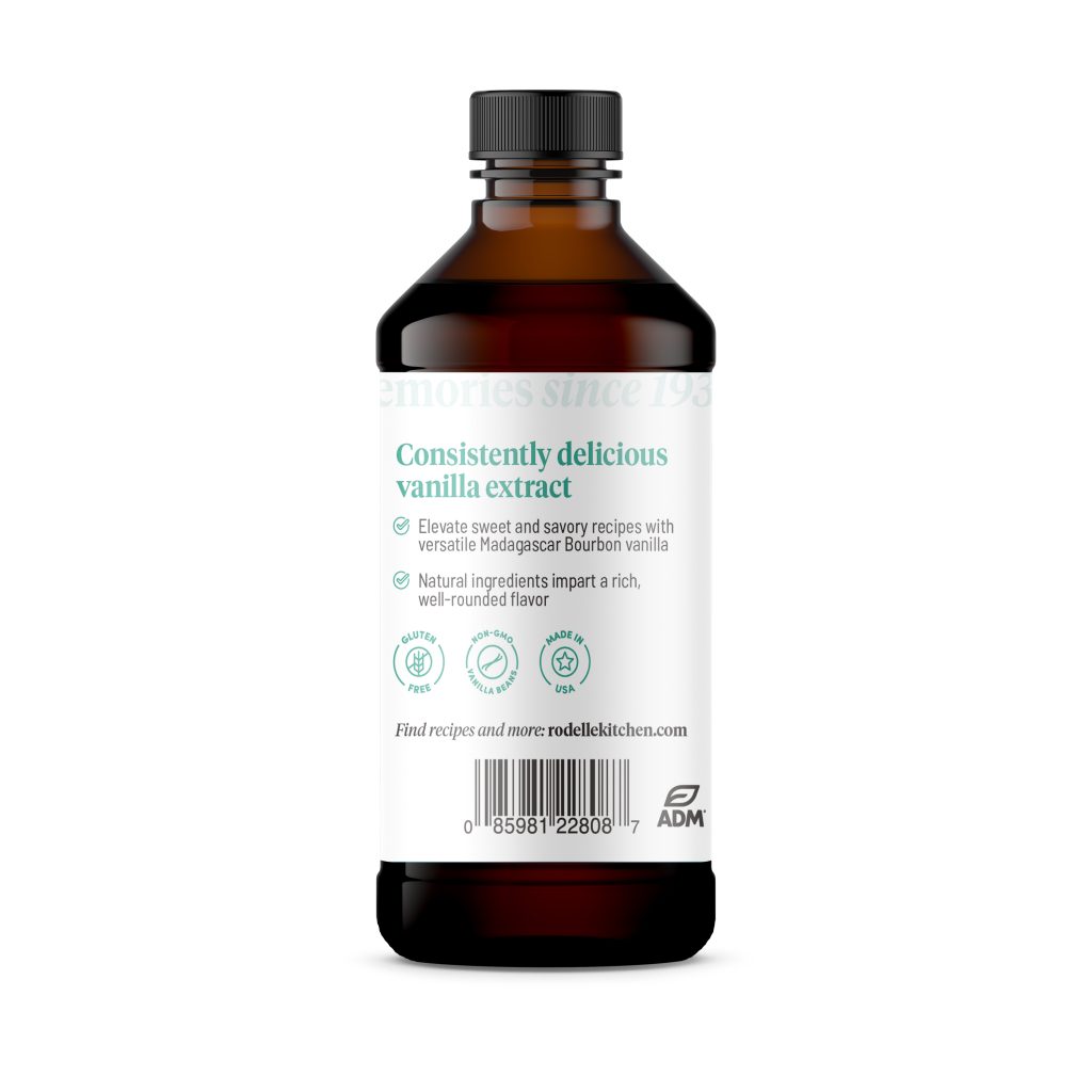 back image of Rodelle's 8oz madagascar bourbon pure vanilla extract in a round plastic bottle showing a description of the product along with the UPC
