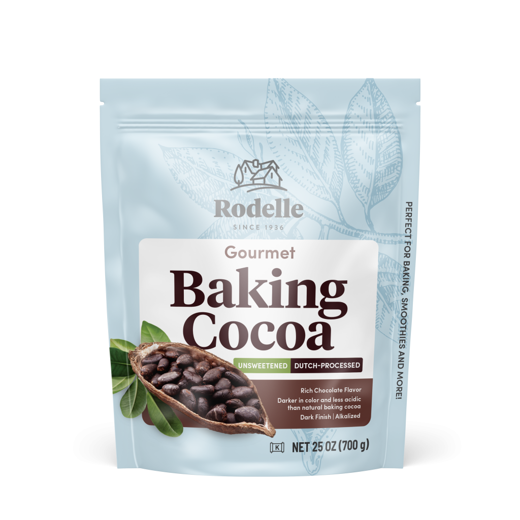 front image of Rodelle's 25oz gourmet baking cocoa in a sealable bag