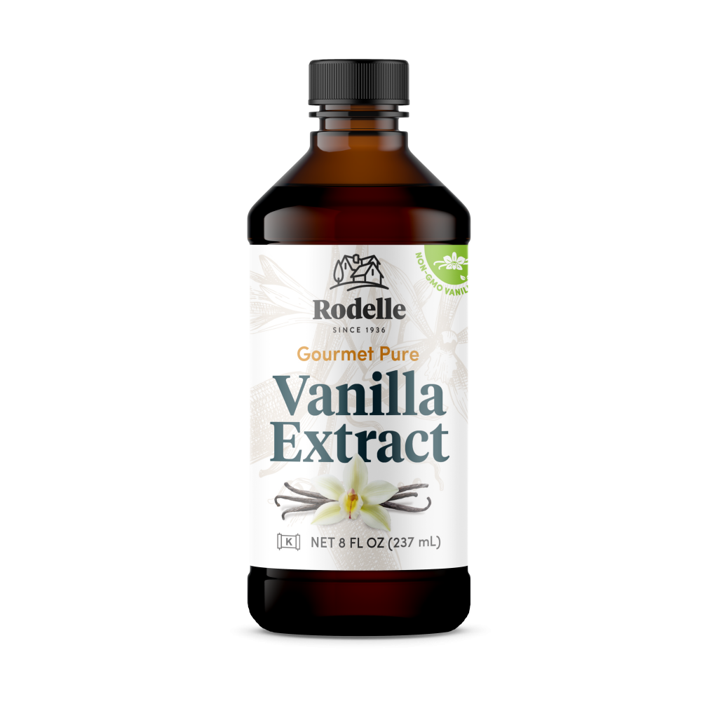 front image of Rodelle's 8oz gourmet pure vanilla extract in a round plastic bottle