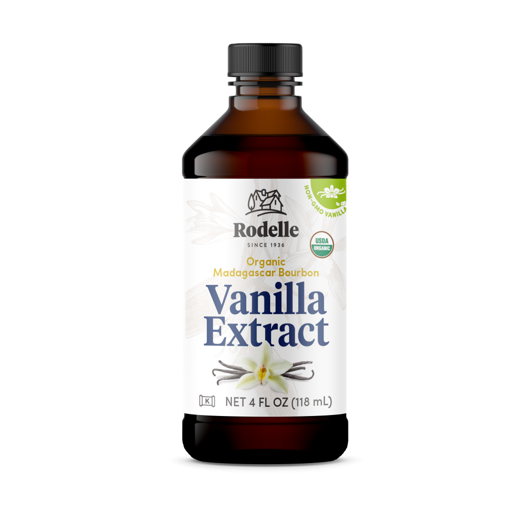 front image of Rodelle 4oz Organic Pure Madagascar Bourbon vanilla extract in a round plastic bottle