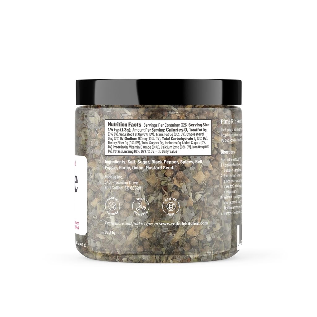 side image of Rodelle's 15oz prime rib seasoning in a canister showing the ingredient information
