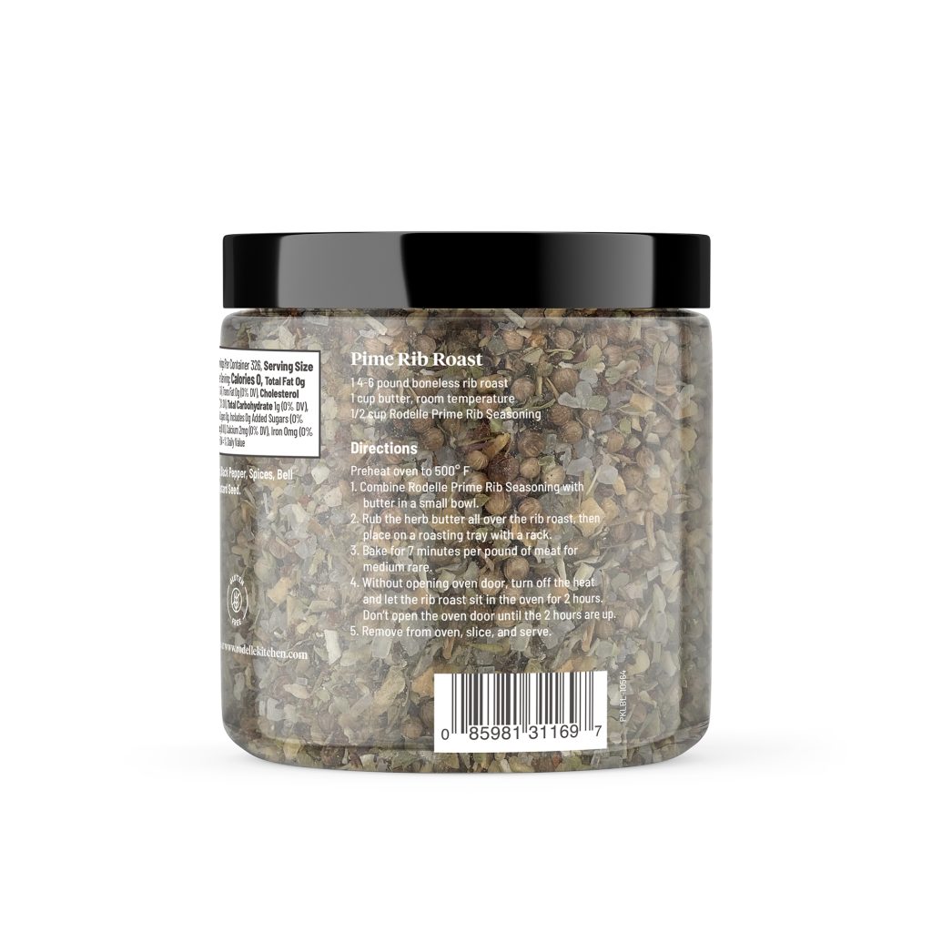 back image of Rodelle's 15oz prime rib seasoning in a canister showing a description of the product along with the UPC