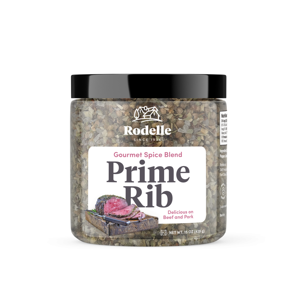 front image of Rodelle's 15oz prime rib seasoning in a canister