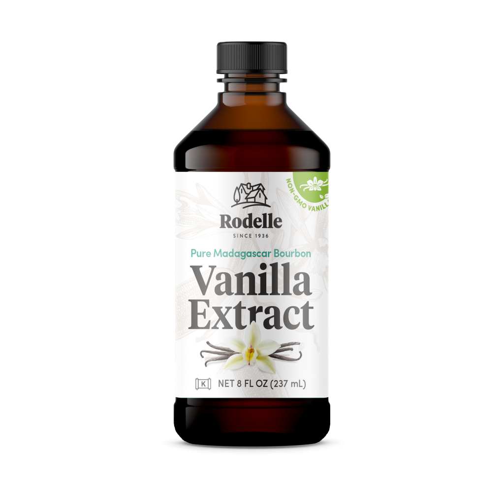 front image of Rodelle's 8oz madagascar bourbon pure vanilla extract in a round plastic bottle