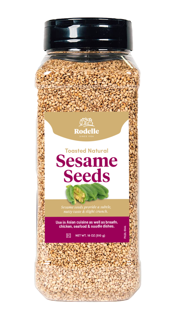 Front image of Rodelle 18oz sesame seeds in a plastic clear container with black lid