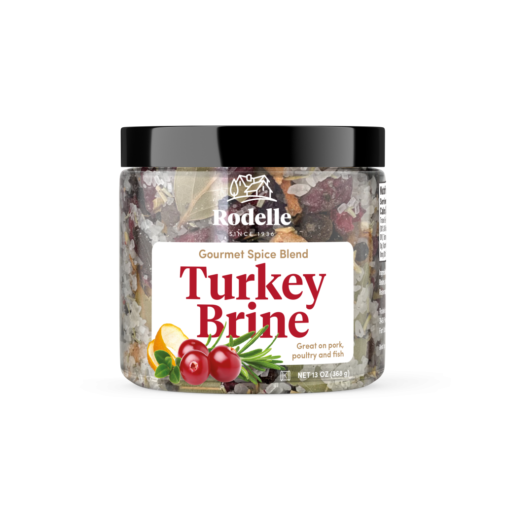front image of Rodelle's 13oz Turkey Brine seasoning in a canister