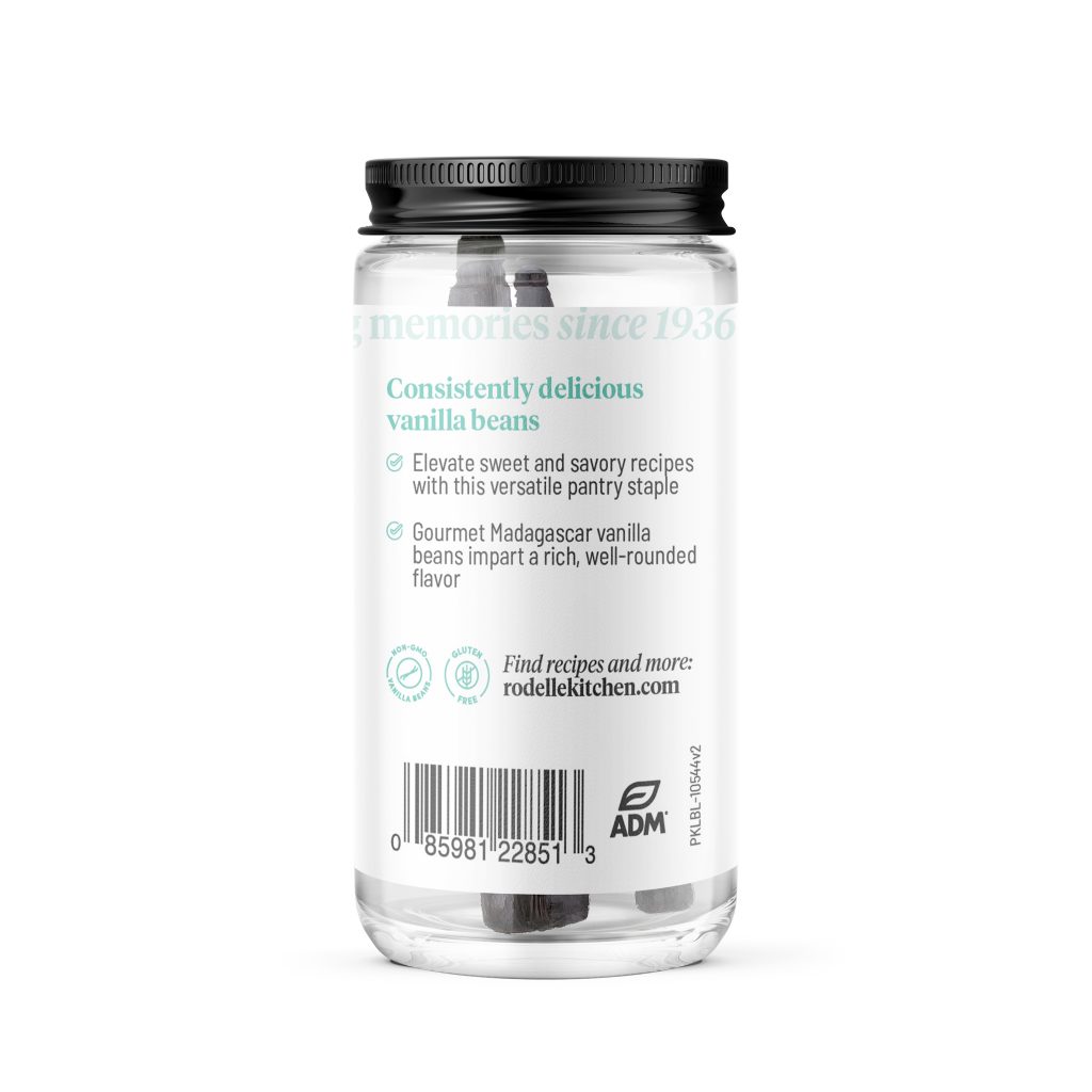 back image of Rodelle 2ct madagascar bourbon vanilla beans in a round glass bottle showing a description of the product along with the UPC