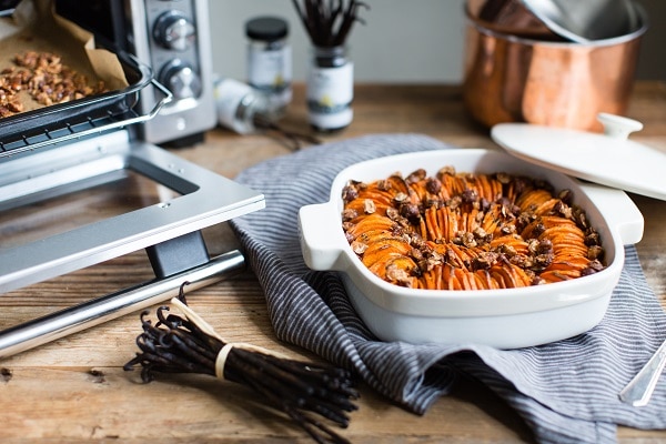 Finished product of the vanilla bean sweet potato gratin