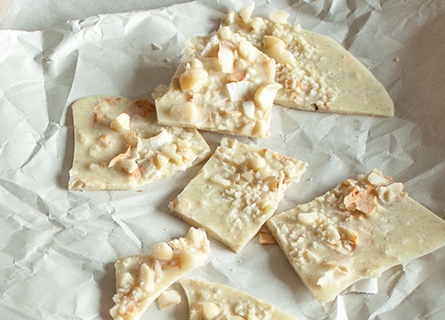 Finished product of the white chocolate macadamia coconut bark