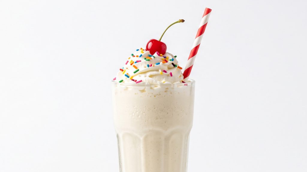 vanilla milk shake in a tall milkshake glass. It's topped with whipped cream, sprinkles, one candy cherry on top and had a red and white striped straw. the background in a neutral white and light gray color.
