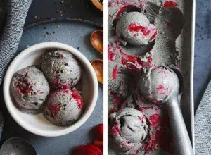 bowl of vegan coconut black sesame ice cream with strawberries. 