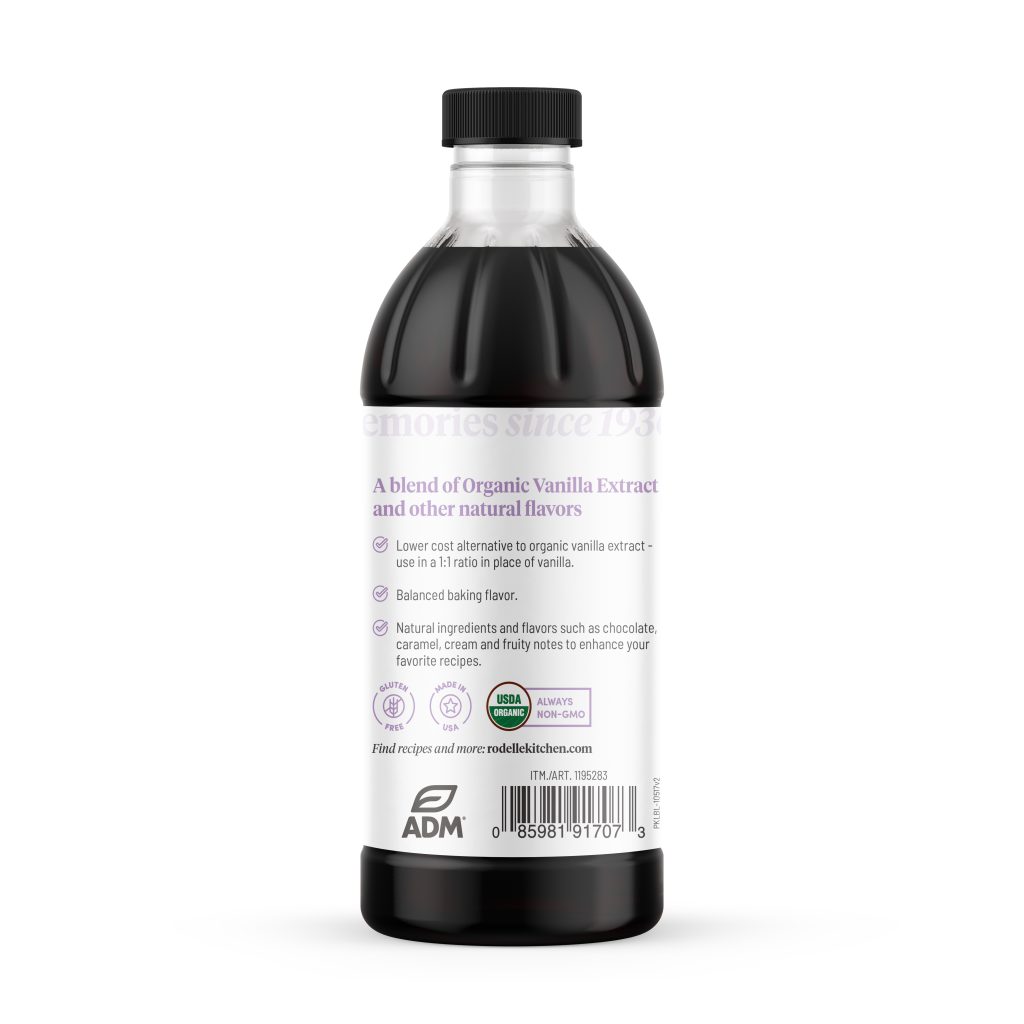 back image of Rodelle's 16oz Organic Bakers Extract in a round plastic bottle showing a description of the product along with the UPC