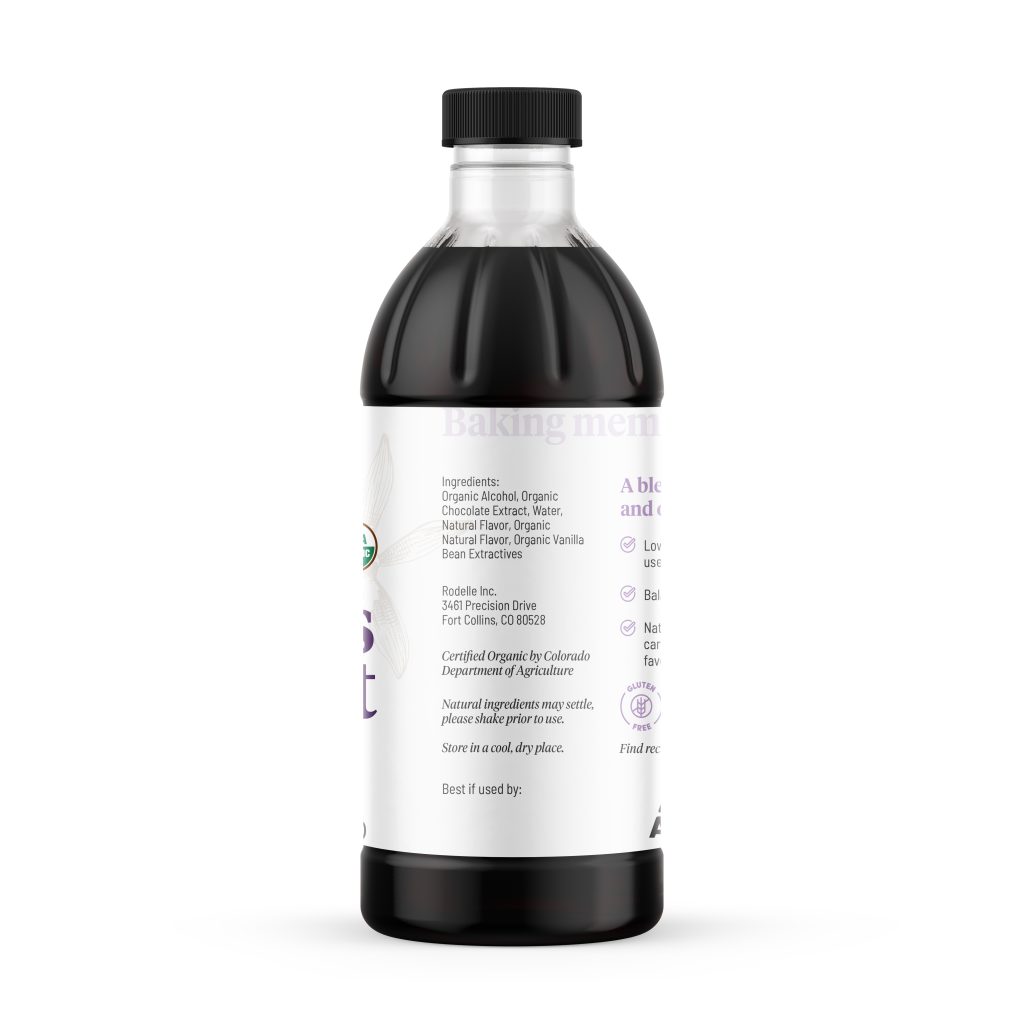side image of Rodelle's 16oz Organic Bakers Extract in a round plastic bottle showing the ingredient information