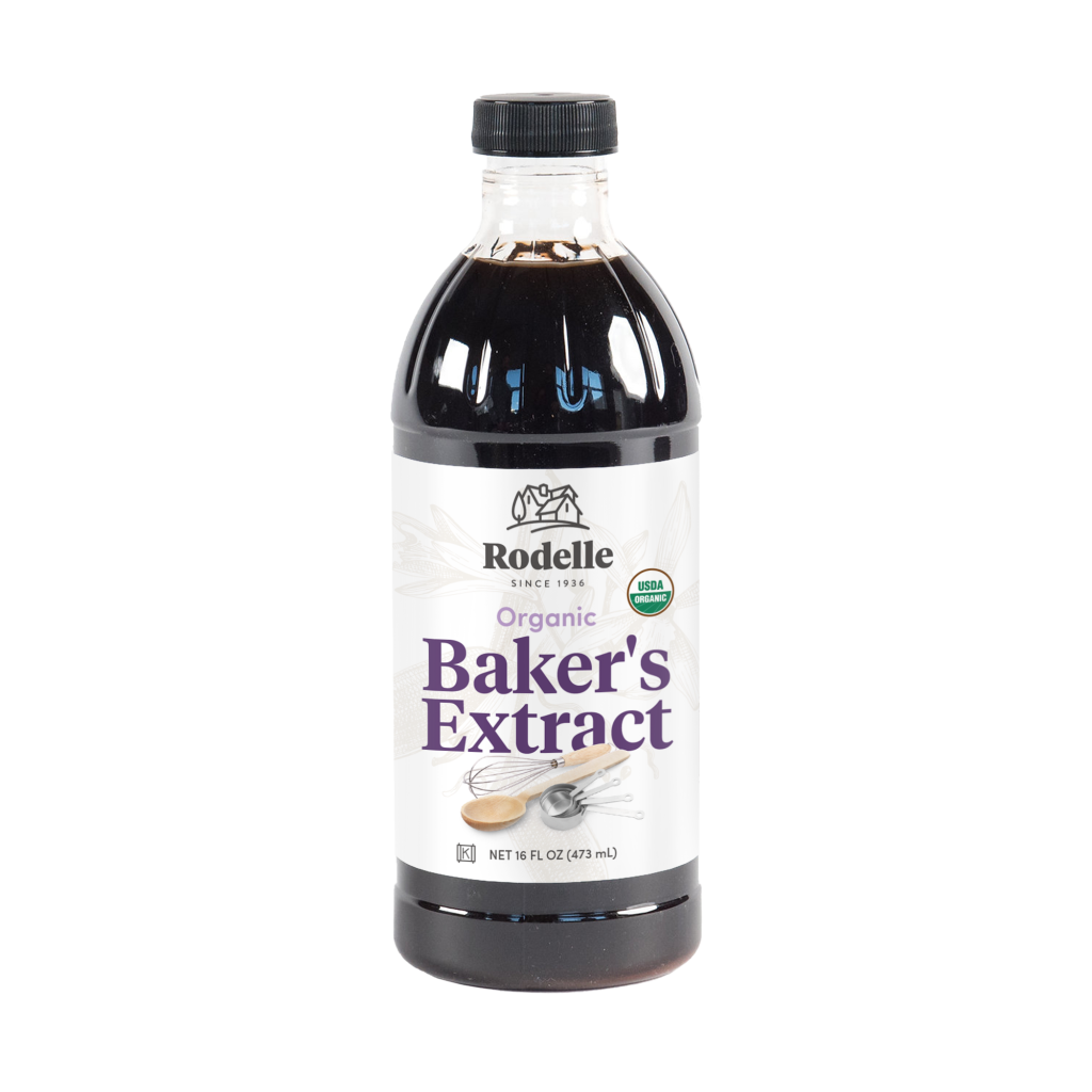front image of Rodelle's 16oz Organic Bakers Extract in a round plastic bottle