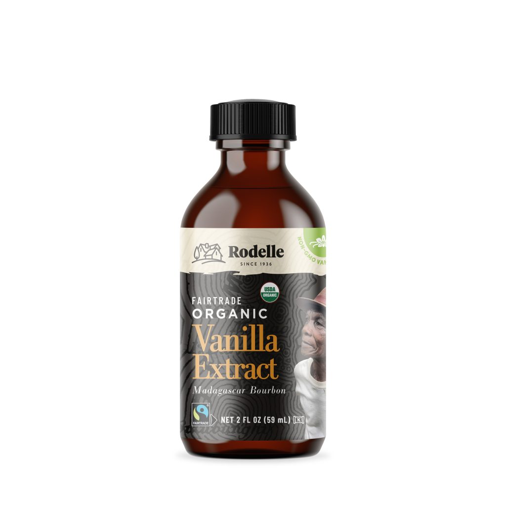 front image of Rodelle 2oz Organic Fairtrade pure vanilla extract in a round glass bottle