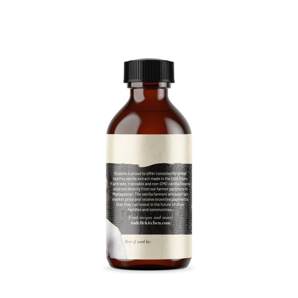 side image of Rodelle 2oz Organic Fairtrade pure vanilla extract in a round glass bottle showing the ingredient information